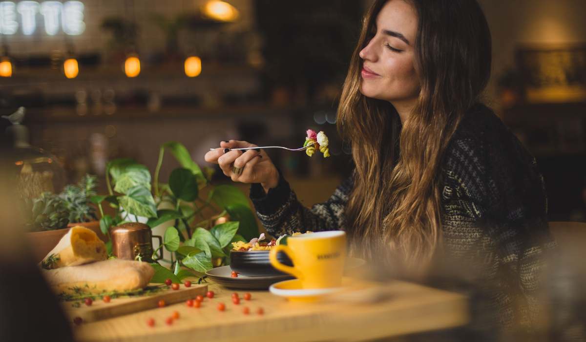 Person sitting down to a healthy post-workout meal