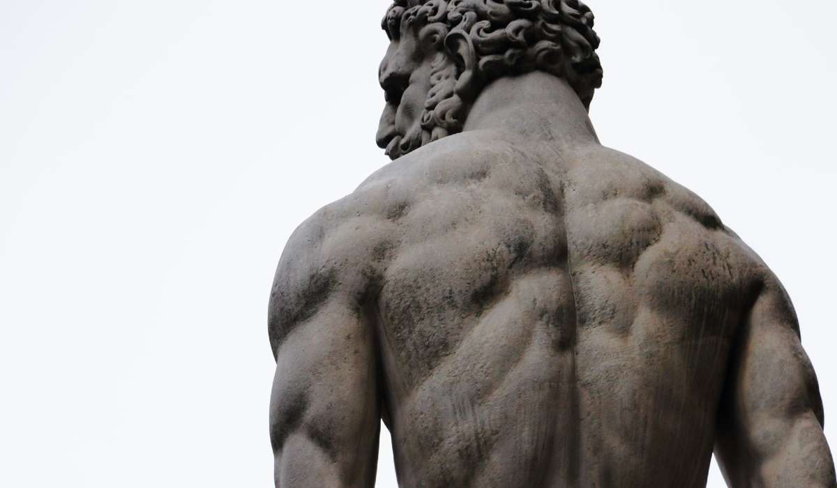Photo showing the back of a muscled statue