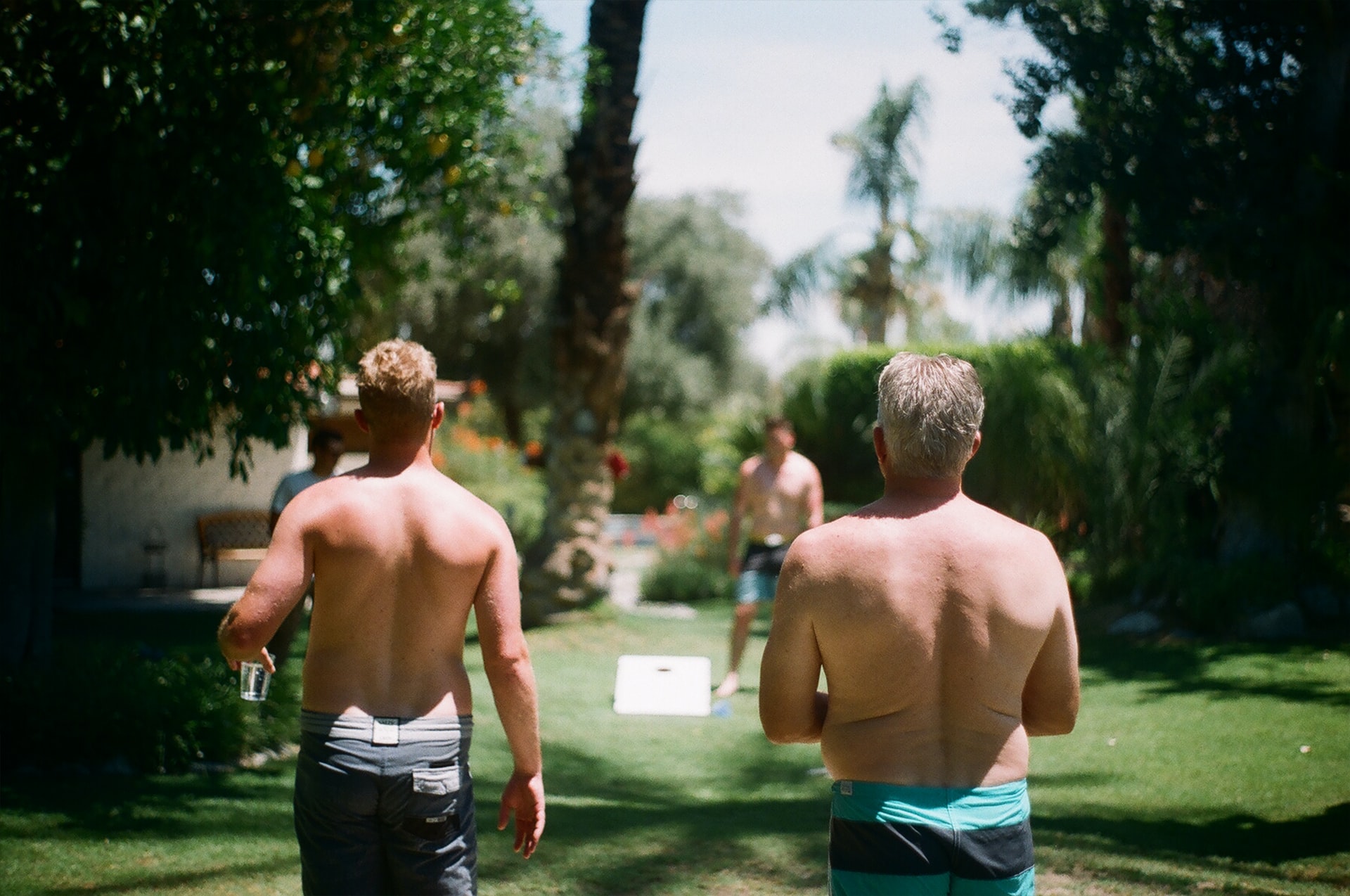 backs of shirtless men in a sunny garden
